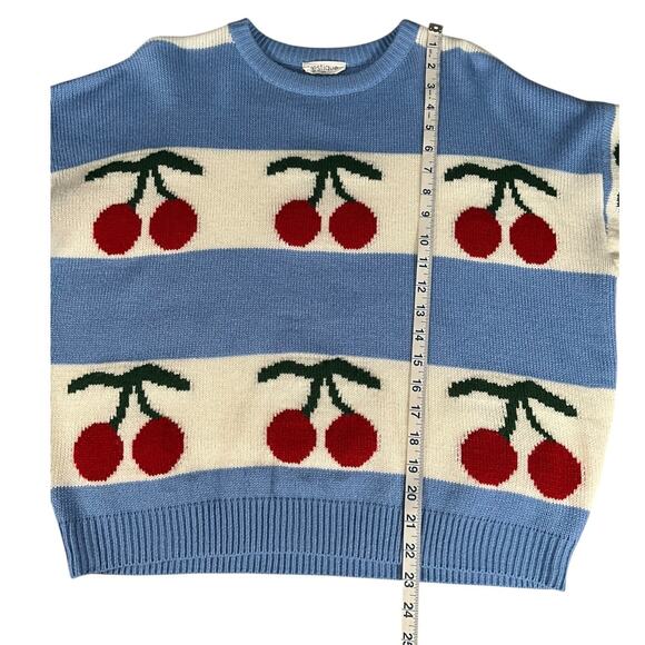 Vestique Cherry Sweater XS Blue Cream Cozy Knit Playful Y2K Cottagecore Cozy - Picture 5 of 10